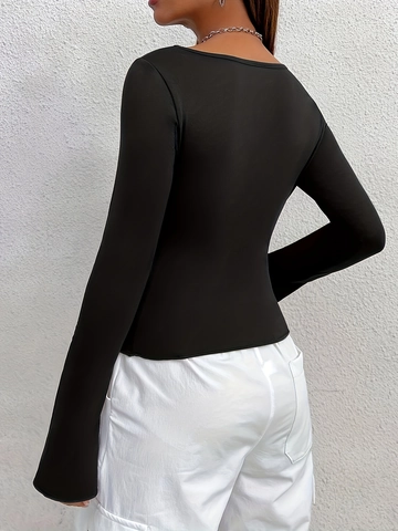 Women's Sexy V-Neck Ruched Long Sleeve T-Shirt Slim Fit Solid Color Milk Silk Drawstring Basic Casual Top For Women