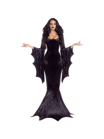 Robe Gothique en Velours pour Femmes Costume de Sorcière Vampire Halloween Manches Chauve-souris Coupe Ajustée Ourlet Dentelé