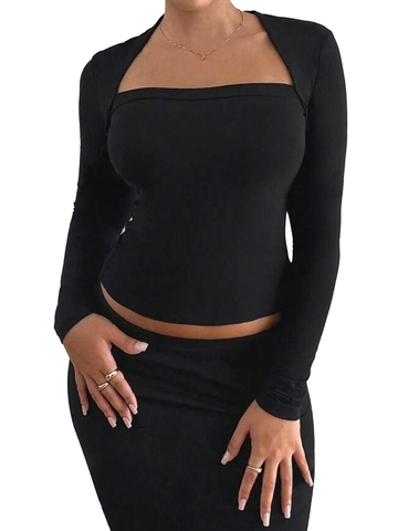 Women Slim Fit Square Neck Long Sleeve Top Elegant Solid Color Ribbed Milk Silk Fabric Fashion Base Layer Shirt For Lady