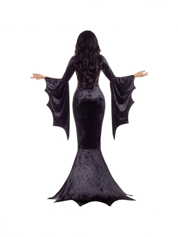 Robe Gothique en Velours pour Femmes Costume de Sorcière Vampire Halloween Manches Chauve-souris Coupe Ajustée Ourlet Dentelé