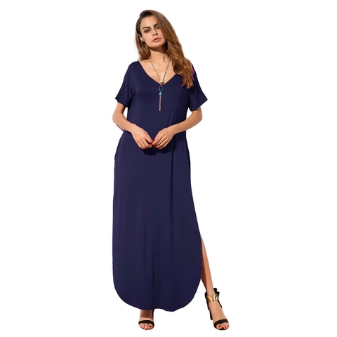 Women V-Neck Short Sleeve Maxi Dress With Pockets Casual Split Hem Loose Backless Summer Beach Solid Long Sun Dress