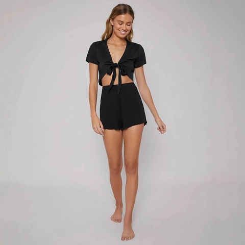 Women Short Sleeve V-Neck Bow Tie Front Crop Top And High Waist Wide Leg Shorts Outfit Solid Color Casual Summer Fashion Clothes