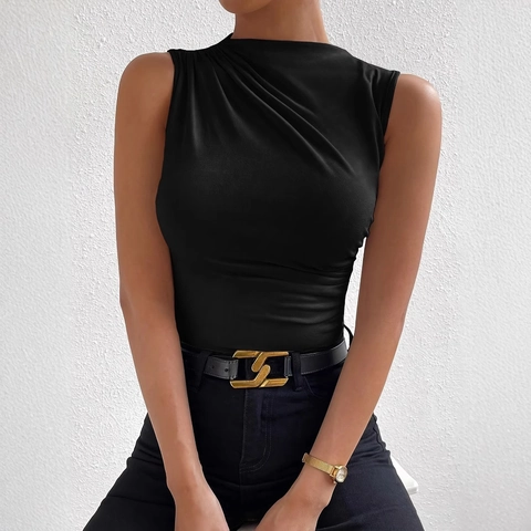 Camiseta sin Mangas Elegante para Mujer Cuello Cisne Slim Fit Plisado Pullover Fruncido Color Sólido Moda Casual Verano Camiseta