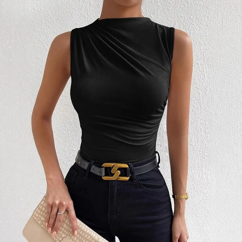 Camiseta sin Mangas Elegante para Mujer Cuello Cisne Slim Fit Plisado Pullover Fruncido Color Sólido Moda Casual Verano Camiseta