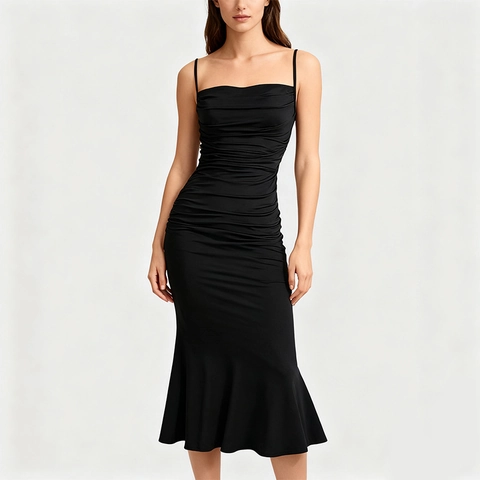 Abito Lungo da Sera da Donna Sexy Arricciato con Spalline Sottili a Sirena Tinta Unita Slim Fit Bodycon