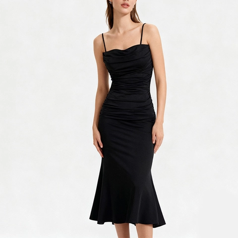 Abito Lungo da Sera da Donna Sexy Arricciato con Spalline Sottili a Sirena Tinta Unita Slim Fit Bodycon