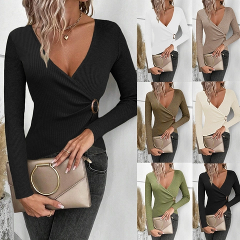 Maglione da Donna in Maglia a Costine Scollo a V Top Incrociato Irregolare Manica Lunga Pullover Slim Fit Con Fibbia ad Anello