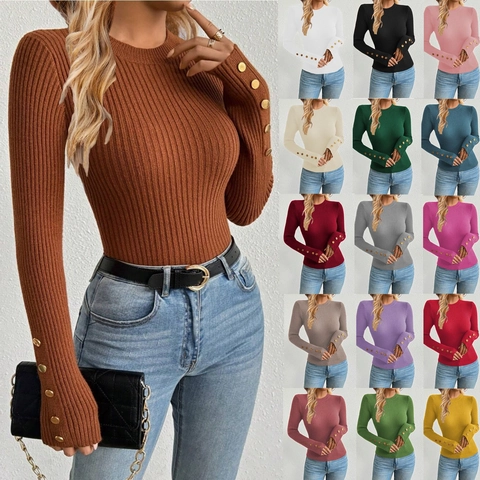 Elegante Dames Trui Met Ronde Hals Geribbelde Gebreide Kleding Gouden Knoop Aan De Mouw Slim Fit Effen Kleur Pullover Top