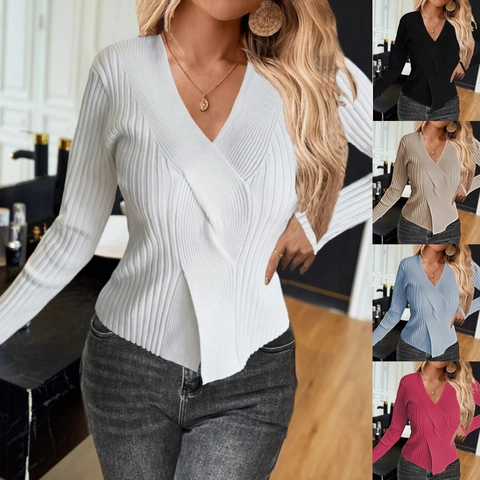 Top da Donna Casual Scollo a V a Costine Incrocio Frontale Manica Lunga Maglia Aderente Pullover Elegante Morbida Camicia Basic