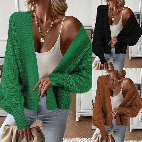 Women's Casual Open Front Chunky Knit Cardigan Sweater Solid Color Loose Long Sleeve Drop Shoulder Balloon Sleeve Coat