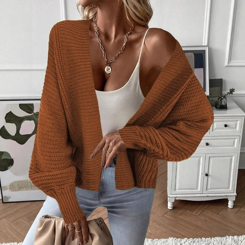 Women's Casual Open Front Chunky Knit Cardigan Sweater Solid Color Loose Long Sleeve Drop Shoulder Balloon Sleeve Coat