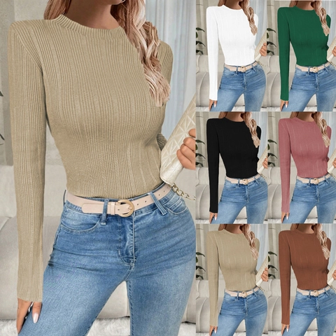 Γυναικείο Πλεκτό Πουλόβερ Rib Slim Fit Στρογγυλή Λαιμόκοψη Μακρύ Μανίκι Μονόχρωμο Casual Φθινόπωρο Χειμώνας Κομψό Top