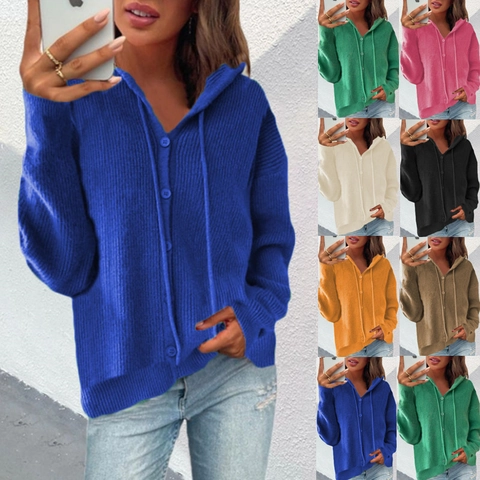 Women Casual Hooded Knitted Cardigan Sweater Button Up Ribbed Knit Outerwear Solid Color Long Sleeve Hooded Sweater Top