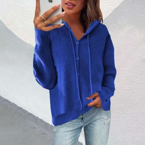 Women Casual Hooded Knitted Cardigan Sweater Button Up Ribbed Knit Outerwear Solid Color Long Sleeve Hooded Sweater Top