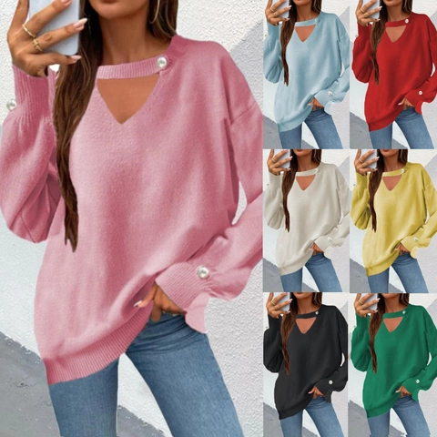 Women Casual V Neck Hollow Out Pullover Sweater With Artificial Pearl Buttons Loose Long Sleeve Knitted Top Soft Knitwear