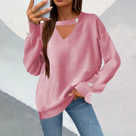 Women Casual V Neck Hollow Out Pullover Sweater With Artificial Pearl Buttons Loose Long Sleeve Knitted Top Soft Knitwear