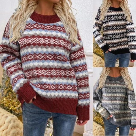 Dames Kersttrui Vintage Fair Isle Geometrische Jacquard Ronde Hals Lange Mouwen Losjes Gebreide Winter Holiday Trui