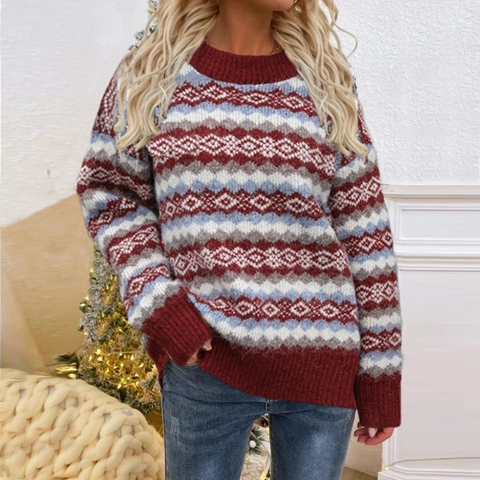 Dames Kersttrui Vintage Fair Isle Geometrische Jacquard Ronde Hals Lange Mouwen Losjes Gebreide Winter Holiday Trui