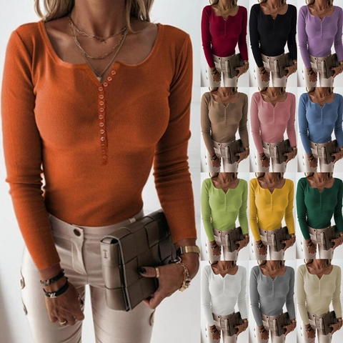 Dames Slim Fit Ribgebreid Lange Mouwen Henley Top Knoopsluiting V-hals Basic Effen Kleur Casual Trui Zacht Jumper
