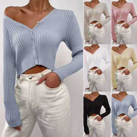 Women's Casual Ribbed Knit Cardigan Sweater V Neck Button Up Long Sleeve Slim Fit Cropped Polyester Solid Color Top Outerwear