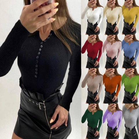 Damen Casual V Ausschnitt Rippenstrick Pullover Langarm Einfarbig Slim Fit Zierknöpfe Strickpullover Top