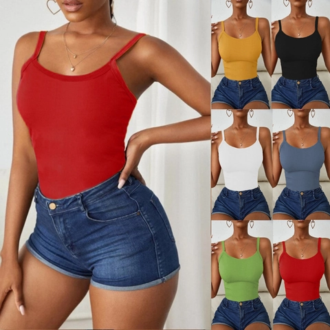 Canotta da Donna Estiva in Maglia a Costine Vestibilità Slim Tinta Unita Scollo a U Senza Maniche Canotta Elasticizzata