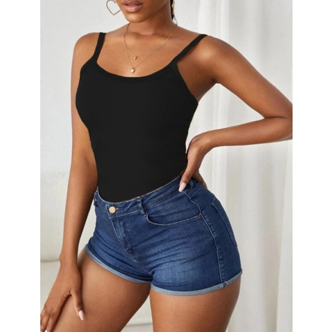 Canotta da Donna Estiva in Maglia a Costine Vestibilità Slim Tinta Unita Scollo a U Senza Maniche Canotta Elasticizzata