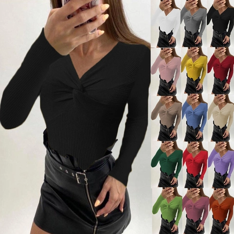 Women Sexy Twist Front V Neck Ribbed Knit Sweater Slim Fit Long Sleeve Solid Color Fashion Casual Pullover Top