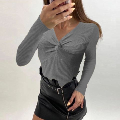 Women Sexy Twist Front V Neck Ribbed Knit Sweater Slim Fit Long Sleeve Solid Color Fashion Casual Pullover Top