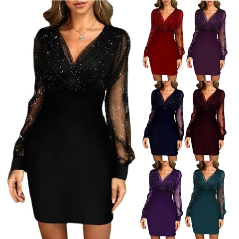 Women Sequin Mesh V-Neck Bodycon Dress Long Sleeve Glitter Patchwork Party Mini Dress Elegant Evening Gown Slim Fit Solid Color