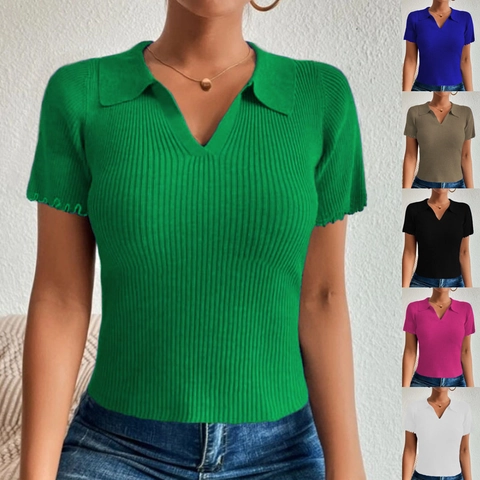 Women's Slim Fit Ribbed Knit Polo T-Shirt Short Sleeve V-Neck Lettuce Edge Casual Summer Office Work Soft Breathable Top
