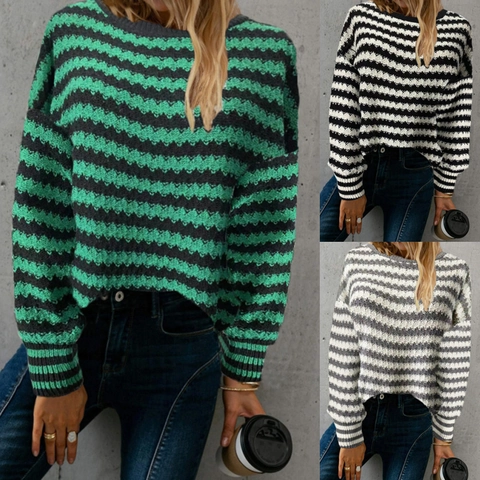 Dames Casual Gestreepte Gebreide Trui Ruime Ronde Hals Lange Mouw Golfpatroon Polyester Jumper Herfst Winter Top