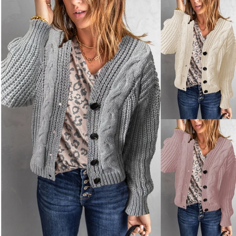 Dames Casual V-hals Kabelgebreid Vest Met Knopen Losse Grove Gebreide Trui Lange Mouwen Effen Kleur Gebreide Bovenkleding Top