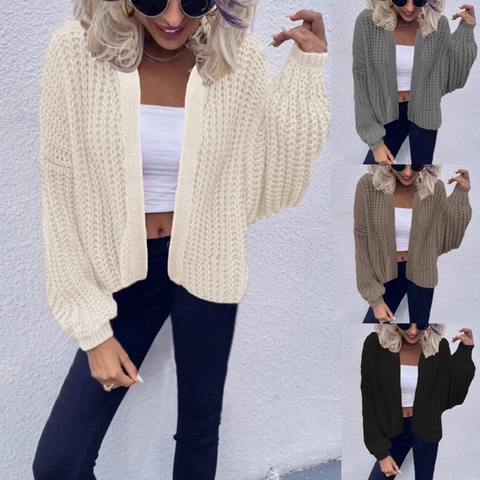 Damen Loose Grobstrick Cardigan Pullover V-Ausschnitt Laternenärmel Einfarbig Vorne Offen Lässig Herbst Winter Strickjacke