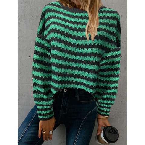 Dames Casual Gestreepte Gebreide Trui Ruime Ronde Hals Lange Mouw Golfpatroon Polyester Jumper Herfst Winter Top