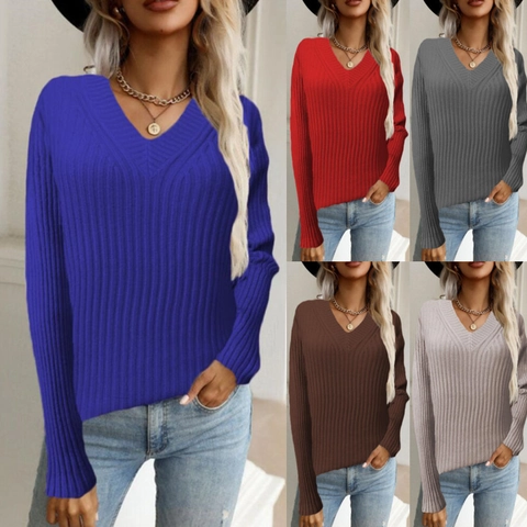 Suéter de Punto Canalé con Cuello en V Informal para Mujer Manga Larga Color Sólido Básico Poliéster Suave Suéter
