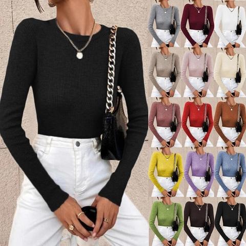 Jersey de Poliéster de Punto Acanalado para Mujer Sexy Ajuste Delgado Cuello Redondo Manga Larga Color Sólido Otoño Invierno