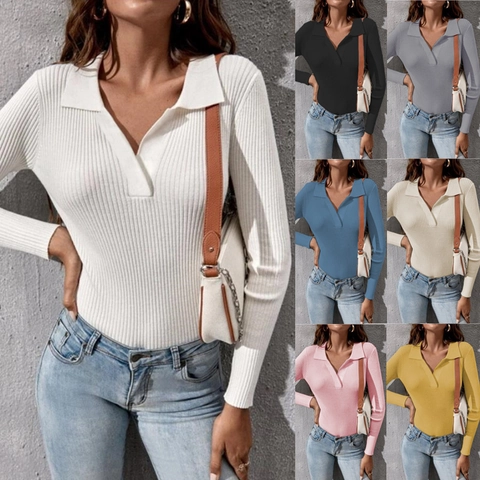 Dames Ribgebreide Polotrui Slanke Pasvorm Lange Mouw V-Hals Top Elegant Effen Kleur Woon-werkverkeer Gebreide Kleding Lente Herfst
