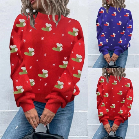 Suéter de Punto de Navidad para Mujer Manga Larga Cuello Redondo Pullover Festivo Calcetín Copo de Nieve Rojo Azul Otoño Invierno