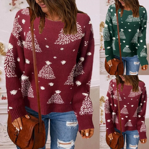Maglione Natalizio da Donna a Maglia con Fiocchi di Neve Girocollo Manica Lunga Pullover Festa Motivo Albero di Natale Casual
