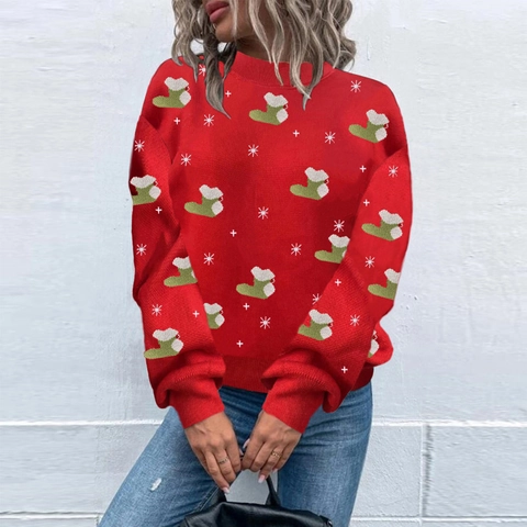 Suéter de Punto de Navidad para Mujer Manga Larga Cuello Redondo Pullover Festivo Calcetín Copo de Nieve Rojo Azul Otoño Invierno