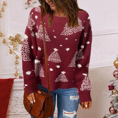 Maglione Natalizio da Donna a Maglia con Fiocchi di Neve Girocollo Manica Lunga Pullover Festa Motivo Albero di Natale Casual