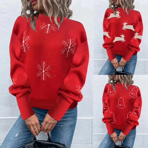 Femmes Noël Pull Tricoté Col Rond Manches Raglan Rouge Motif Flocon de Neige Renne Cloche Festif Décontracté Pull