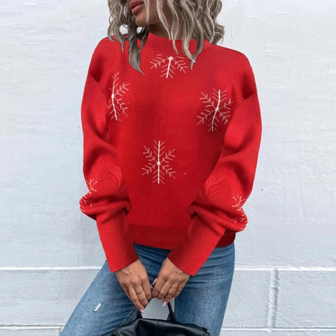 Femmes Noël Pull Tricoté Col Rond Manches Raglan Rouge Motif Flocon de Neige Renne Cloche Festif Décontracté Pull