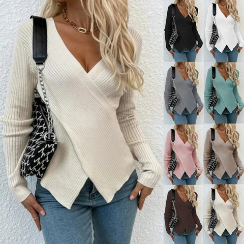 Women Wrap V-Neck Ribbed Knit Sweater Long Sleeve Irregular Hem Slim Fit Casual Pullover Solid Color Sexy Knit Top