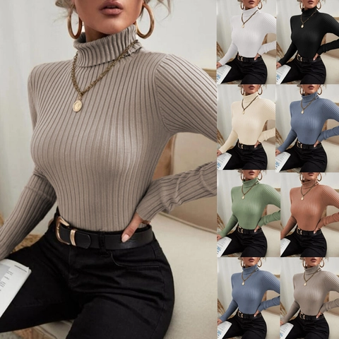 Dames Nauwsluitende Coltrui Geribbelde Gebreide Trui Effen Kleur Lange Mouw Pullover Zacht Elastisch Dik Top