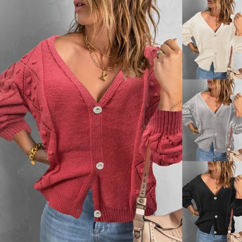 Damen V-Ausschnitt Strickjacke Pullover Einfarbig Langarm Knöpfe Puffärmel Locker Strickjacke Jacke Für Täglich Freizeit