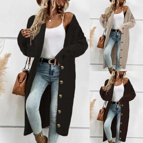 Damen Casual Langer Zopfmuster Strickjacke Lockerer V-Ausschnitt Einreihige Strickmantel Mit Taschen Einfarbige Strickoberbekleidung