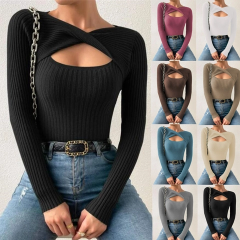 Dames Casual Ribgebreide Trui Pullover Lange Mouw Slim Fit Knoop Vooraan Uitsnede Effen Kleur Herfst Winter Top