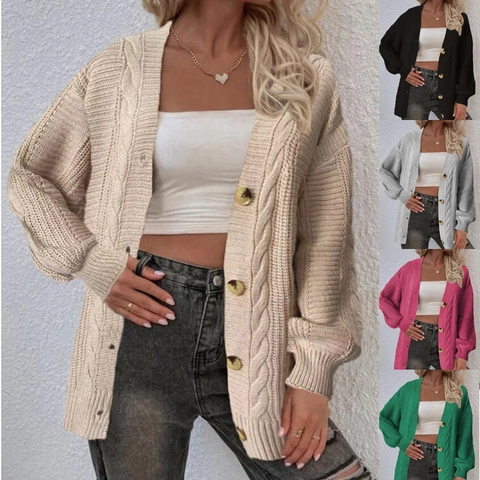 Cardigan Casual da Donna in Maglia a Trecce Scollo a V con Bottoni Tinta Unita Manica Lunga Cappotto di Maglia Autunno Inverno